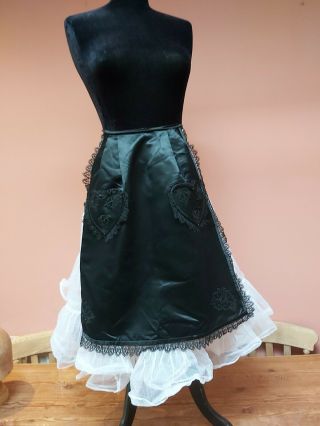 Antique Victorian Apron Black Satin Tassels Applique Vintage Maid