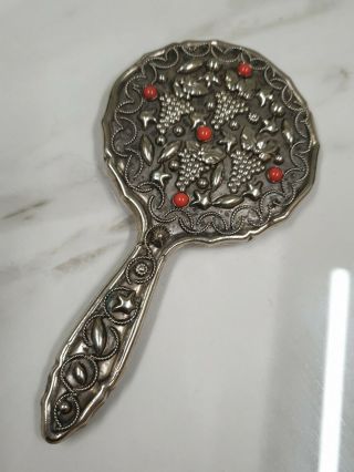 Antique Small Silver Plate With Silver And Coral Decoration Hand Mirror