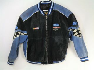 Vintage Essex Ford Nascar Racing Leather Blue Black Bomber White Jacket Size Xxl