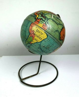 Vtg Antique Toy Tin Litho World Globe W/ Stand Miniature 5 " Tall 3 " Terrestrial