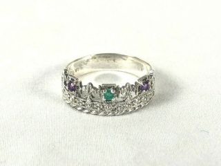 Vintage Crown Ring Emerald Amethyst Sterling Silver 925 Ring Sz 7 Estate Find
