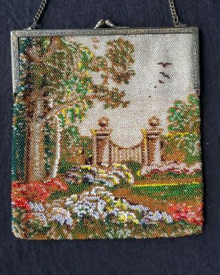 Antique Lovely Glass Bead Purse Bag With Garden Scene And Birds Portland Me?