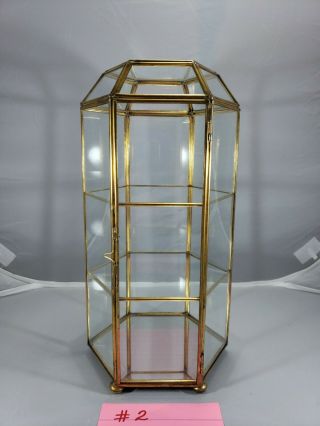 Vintage Brass Glass Hexagon Display Cabinet Curio Table Top 11 - 1/2 " Tall