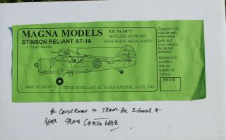 Magna Models 1/72 Stinson Reliant At - 19 Resin Kit
