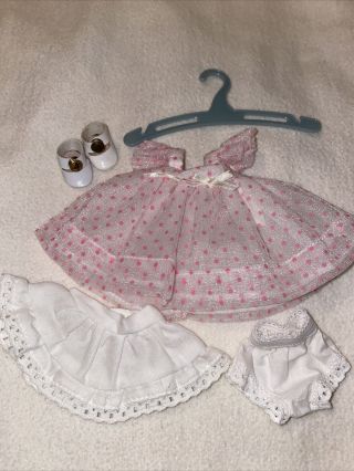Vintage Vogue Tagged Ginny Doll Pink Dress White Panties Ruffle Slip Shoes Set