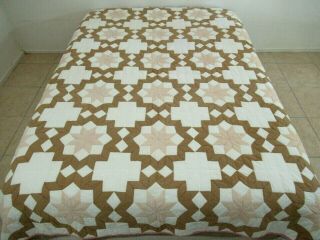 Vintage Cotton Hand Pieced & Quilted Bethlehem Star Brown Pink White Quilt; Full
