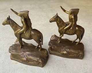 Antique Jb Jennings Bros.  Indian Chief On Horse Bookends