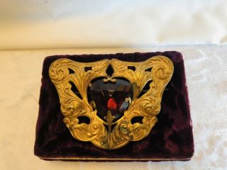 Antique Victorian Brooch Pin Brass Bronze Amethyst Stone C Clasp With Velvet Box