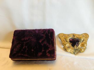 Antique Victorian Brooch Pin Brass Bronze Amethyst Stone C Clasp with Velvet Box 2