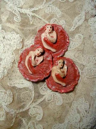 1920s 3 Antique Ballerina Hand Painted Plaster Buttons High Relief Shank