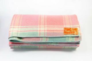 Vintage Maples Australian Made Pure Wool Pink Cream & Blue Blanket 230cm X 205cm