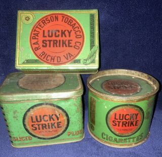 3 Different Antique 1910 - 1930’s Lucky Strike Tobacco Tins Rare Hard To Find Tins