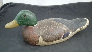 Antique Duck Decoy Glass Eyes Wooden Body Hand Carved Painted 15 1/2 "