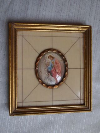 Antique Celluloid Portrait Wooden Frame Jesus First Communion Chalice