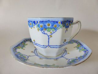 Antique Royal Doulton " Arvon " Tea Cup And Saucer Duo,  Blue Floral,  Art Deco