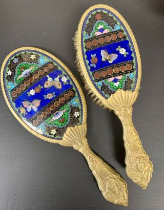 Victorian Antique Cloissone Vanity Hand Mirror & Brush Set Maiden Butterfly