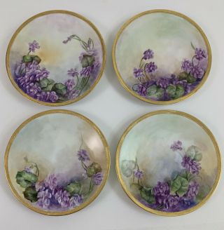 4 Antique Tressemann & Vogt And Elite France Hand Painted Plates Purple Flowers