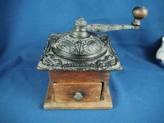Antique Ornate Cast Iron & Wood Coffee Grinder Tabletop