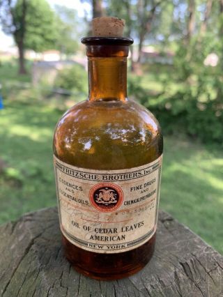 Antique Apothecary Essential Oil Fritzsche Brothers Pure Oil Of Cedar Bottle 1/2