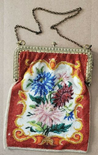 ANTIQUE LOVELY MICRO GLASS COLORFUL BEAD PURSE BAG with FLOWERS & SCROLLS 2