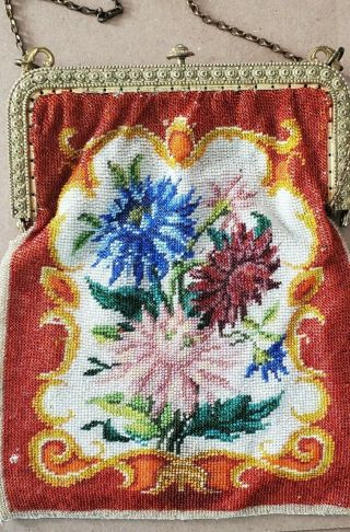 ANTIQUE LOVELY MICRO GLASS COLORFUL BEAD PURSE BAG with FLOWERS & SCROLLS 3