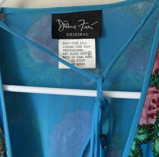 Vintage Diane Freis 100 Silk Rose Floral Beaded Blue Midi Dress Size Medium