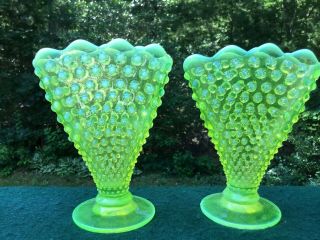 Antique Fenton Topaz Vaseline Glass Hobnail Opalescent Fan Vases