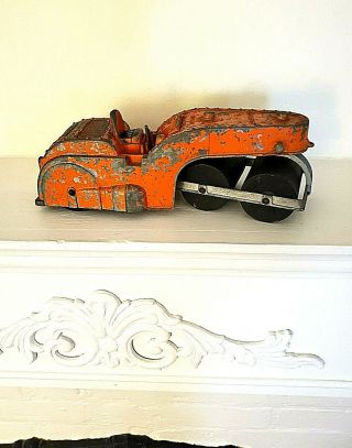Vintage Hubley Kiddie Toy Orange Road Roller With Wooden Wheels