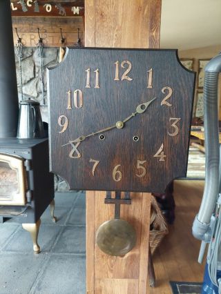 Antique Arts Crafts Mission Oak Wall Clock Chime & Brass Pendulum - Needs Service