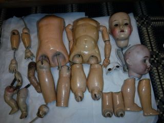 Antique Composition Doll Parts Torsos Legs Arms,  2 Composition Heads