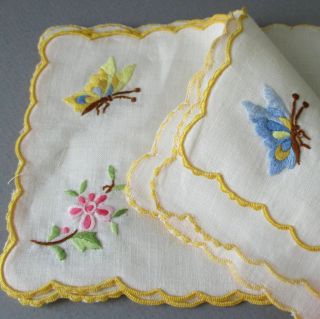 6 Vintage Madeira Hand Embroidered Cocktail Napkins Butterflies Flowers