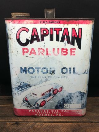 Rare Vintage Antique Capitan 2 Gallon Parlube Motor Oil Tin Can 1930’s