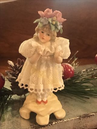 Antique Miniature German Dresden Porcelain W/ Lace Little Girl Figurine 2 3/4 "