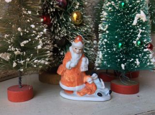 Tiny Antique German Bisque Hertwig Snowbaby Santa With Lantern & Christmas Dolls