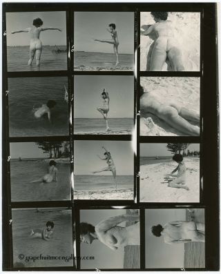 Bunny Yeager Pin - Up Contact Sheet Photograph Nude Fran Stacy On A Sandy Beach