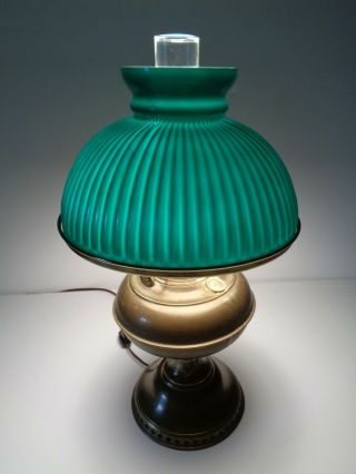 Antique Student/table Oil Lamp Converted To Electric Green Ribbed 10 " Shade