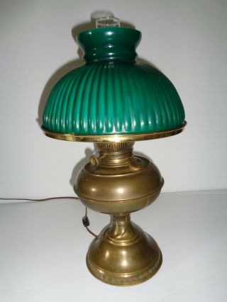 Antique Student/Table Oil Lamp Converted to Electric Green Ribbed 10 