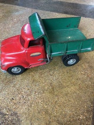 1950s Tonka Toys Pressed Steel Red And Green 13 " Long Dump Truck