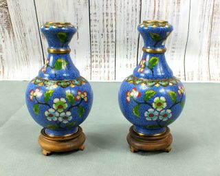 Antique Vintage Cloisonne Hand Crafted Asian Vases Candle Holders Blue Blossoms
