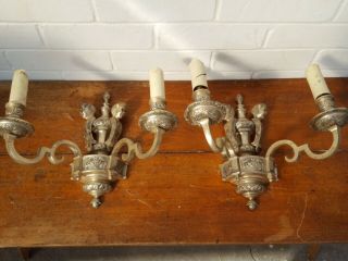 Quality Pair Vintage Heavy Cast Iron/alloy Metal Ornate Wall Light Sconces 60s?