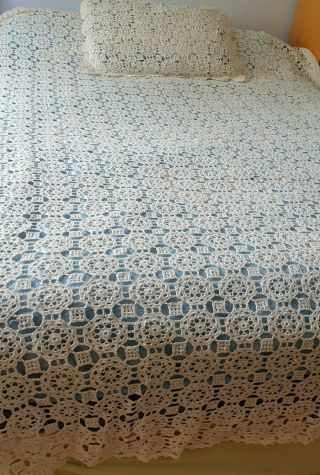 Vintage Bedspread Hand Made Crochet Throw Bed Cover 195cmx245cm 1 Pillowcase 60s