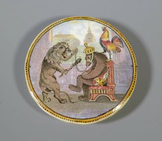 Antique 19th C.  Pratt Ware Pot Lid " Bear Lion & Cock " Crimean War