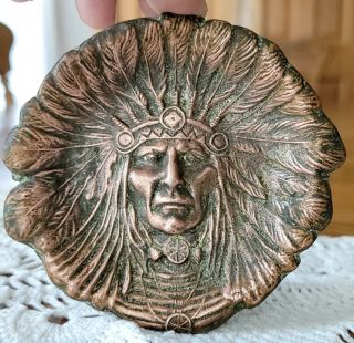 Antique Arts & Crafts Bronze Indian Chief Keys Coin Trinket Tray Dish 4 " W