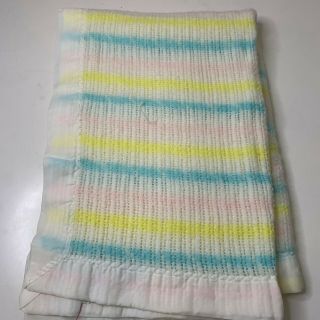 Vintage Baby Blanket Waffle Weave Knit Nylon Satin Trim Pink Blue Pastel Quiltex