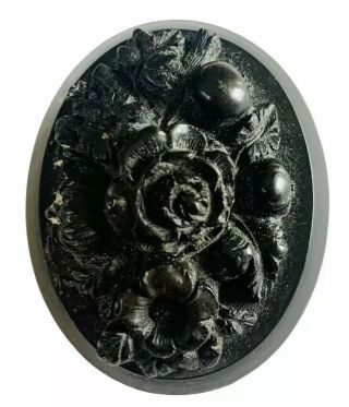 Antique Victorian Carved Black Whitby Jet Mourning Brooch Floral Scenery
