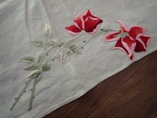 Stunning Antique Linen Society Silk Embroidered Rose Table Scarf Runner 66 "