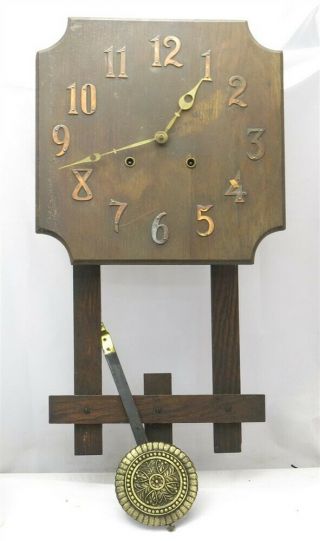 Antique Wooden Mission Oak Wall Clock W/ Floral Pendulum