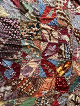 Vintage Antique Silk Patterned Crazy Quilt Hand Stitched 1940s? 68x72