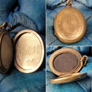 Antique Victorian Mourning Hair Glass Locket Gold Filled Guilloche Diminutive