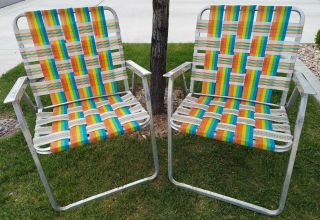 Set Of 2 Vtg Match Aluminum Webbed Folding Beach Lawn Chair Striped Rainbow Mcm